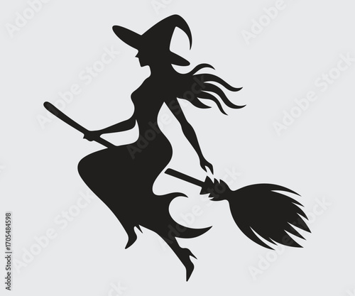 Halloween scary. female witch in broom. silhouette