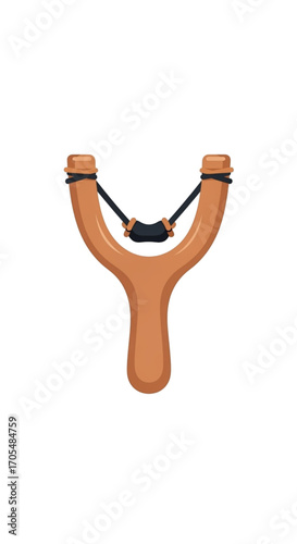 A wooden slingshot with black elastic bands.