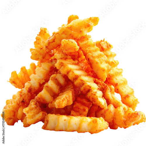 Golden crinkle-cut french fries piled high. Isolated on a clean white background with crisp texture and salt specks. Comfort food and craving satisfaction. For menus, fast-food ads