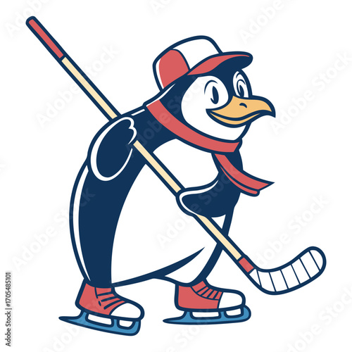 Adorable Cartoon Penguin Playing Ice Hockey Vector Illustration 