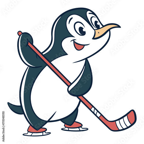 Adorable Cartoon Penguin Playing Ice Hockey Vector Illustration 
