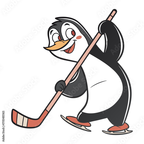 Adorable Cartoon Penguin Playing Ice Hockey Vector Illustration 