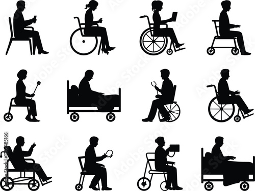 Mobility aid icons, wheelchair, walker, rollator, hospital bed, assistive devices, medical equipment, disability support, healthcare concept, rehabilitation, patient care vector