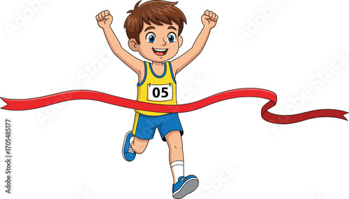 Cartoon Boy Winning Race Crossing Finish Line Ribbon, Running Competition Victory Celebration, Sports Achievement, Vector Isolated Clipart for Kids