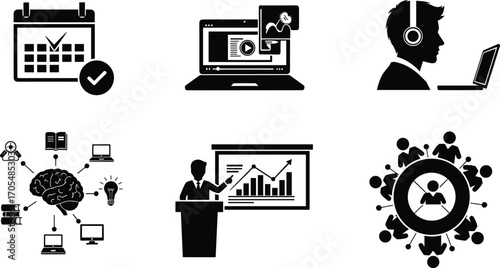 Online learning icons, e‑learning vector, virtual class, digital education, scheduling, teaching, collaboration, knowledge sharing, webinar, remote study, academic concept