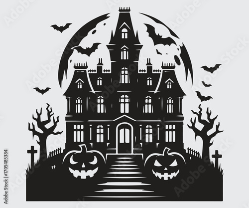 Scary Halloween mansions, vector silhouette
