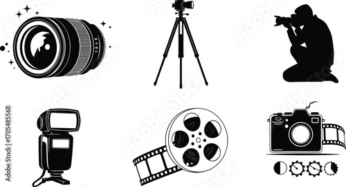 Photography icons, filmmaking silhouettes, camera lens, tripod, photographer, flash unit, film reel, camera settings, cinematography design, media production, creative work