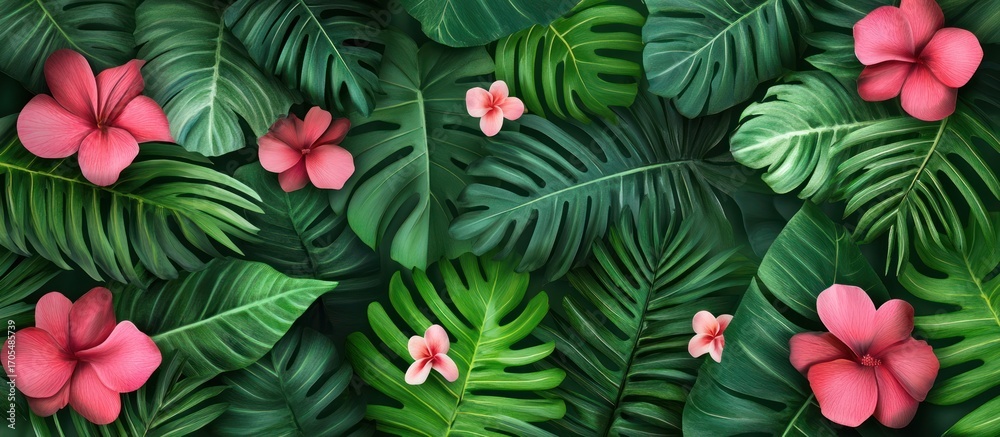 Fototapeta premium Tropical Green Leaves and Pink Flowers Lush Jungle Background