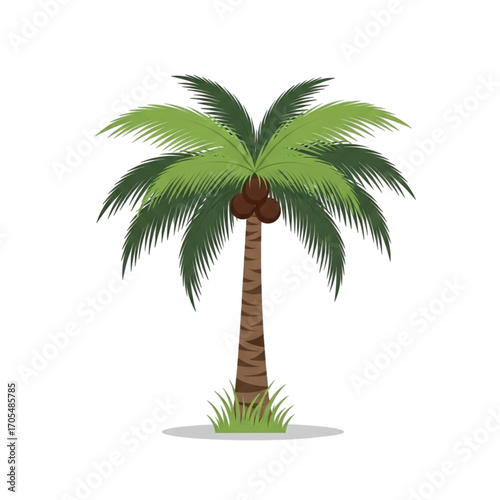 A vibrant green palm tree with coconuts and a textured brown trunk.