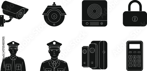 Security icons, surveillance cameras, alarm speaker, padlock, security officer, access control devices, keypad, safety system, monitoring, protection concept, guard vector design