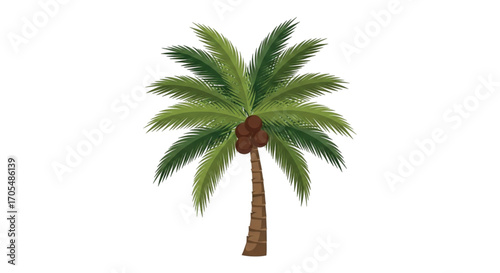 A vibrant green palm tree with a brown trunk and a large crown of leaves.
