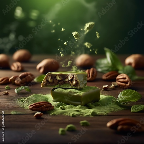Exquisite Matcha Chocolate Bar with Crushed Pecans and Green Tea Powder on Rustic Wood