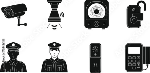 Security icons, surveillance cameras, motion detection, smart door lock, security officer, video intercom, landline phone, access control, monitoring, protection concept, safety design