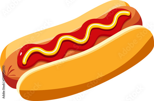 Delicious hot dog illustration with bun, sausage and toppings, fast food concept on white background.
