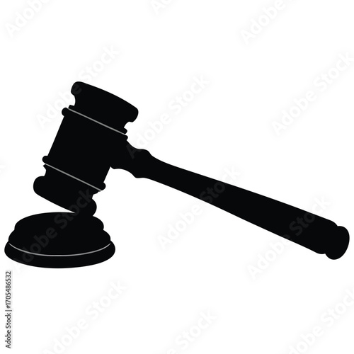 Vector silhouette of a judge’s gavel striking block, angled from the side with a longer handle 