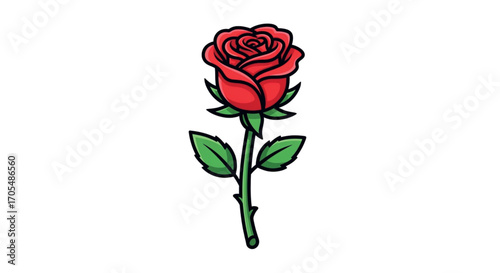 A single red rose with green leaves and stem.