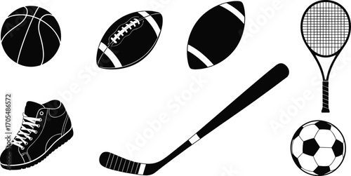Sports equipment icons, athletic gear silhouettes, basketball, football, rugby ball, tennis racket, soccer ball, hockey stick, sneaker, fitness concept, game design