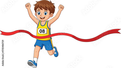 Cartoon boy crossing red finish ribbon with raised arms, smiling race winner in athletic outfit, sports success, celebration moment vector art