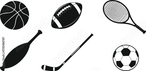 Sports equipment icons, basketball, football, tennis racket, Indian club, hockey stick, soccer ball, athletic gear silhouettes, fitness concept, game design, sport vector