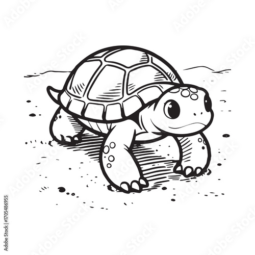  A black and white line art illustration of a tiny baby turtle slowly crawling across a sandy surface.
