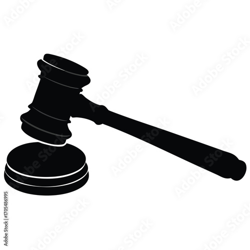 Vector silhouette of a judge’s gavel striking block, angled from the side with a longer handle 