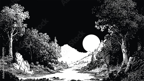Moonlit Forest Black and White Drawing - Serene Nature Landscape Artwork