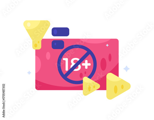 The concept of filtering adult content. Protecting children or minors from adult content. Illustration of a filter, prohibition, video symbol. Flat design style. Elements