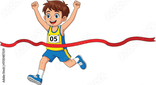 Cartoon boy crossing red finish ribbon with raised arms, smiling race winner in blue and yellow outfit, sports success celebration vector