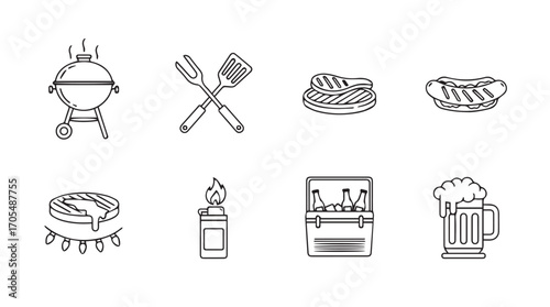 Collection of barbecue and grilling equipment icons in a simple silhouette style