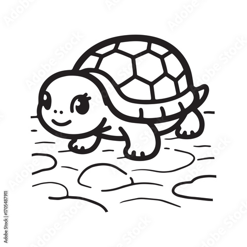  A black and white line art illustration of a tiny baby turtle slowly crawling across a sandy surface.
