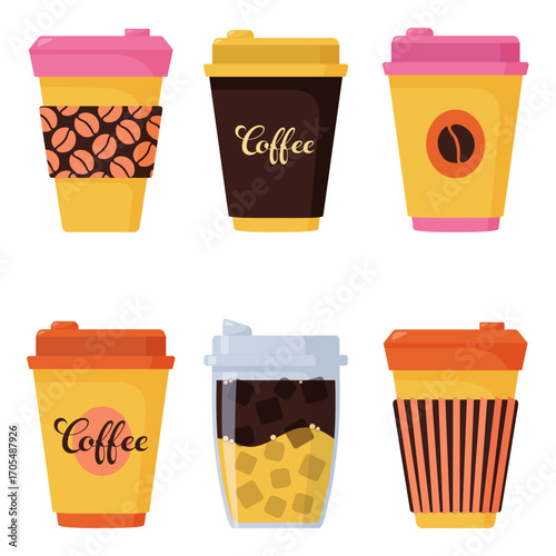 A collection of yellow disposable coffee cups with lids. Perfect for menus, stickers, pins, icons, and various web and print designs. Hand-drawn vector illustrations are isolated on a white background