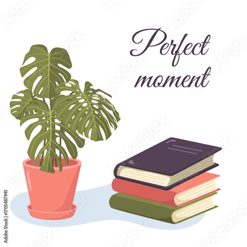 Vector illustration of a stack of books with a houseplant in a pot. Colored postcard for World Book Day. Image of fiction.
