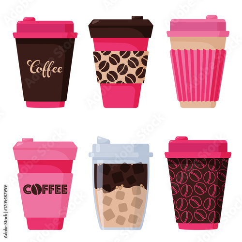 A collection of pink disposable coffee cups with lids. Perfect for menus, stickers, pins, icons, and various web and print designs. Hand-drawn vector illustrations are isolated on a white background.