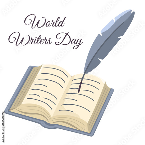 Vector set with an open book and a writing pen. Library, school and wisdom concept. Colored postcard for World Writer's Day.
