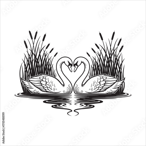 Vector art of two swans forming a heart shape, , with reeds