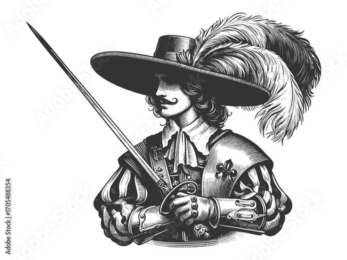 musketeer in armor holding a sword, wearing a feathered hat and mustache in classic style sketch engraving generative ai fictional character vector illustration. Scratch board. Black and white image.