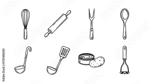 Collection of hand drawn kitchen utensils and cooking tools silhouette