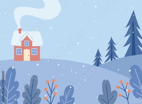Winter Snowy House Landscape with Trees and Falling Snow Illustration