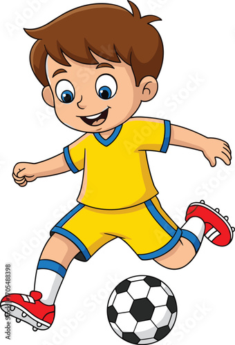 Cartoon boy kicking soccer ball in yellow uniform, energetic pose, sports activity vector illustration for children’s fitness, fun, and competition