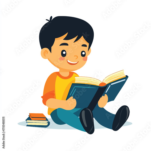 A young boy happily reading a book with a stack of books nearby