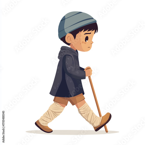 A young boy walking with a stick