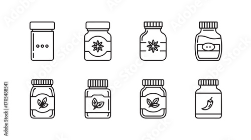 Collection of eight different spice jar silhouettes with various labels and designs