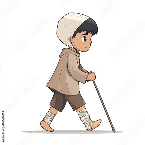 A young boy with a head covering and bandages walks with a cane