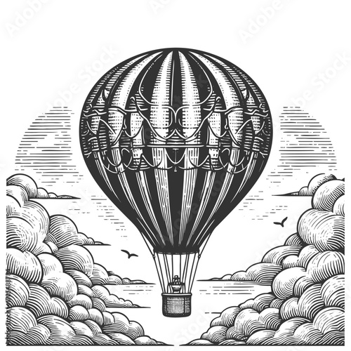 striped hot air balloon floating in the sky, surrounded by fluffy clouds in retro style sketch engraving generative ai vector illustration. Scratch board imitation. Black and white image.