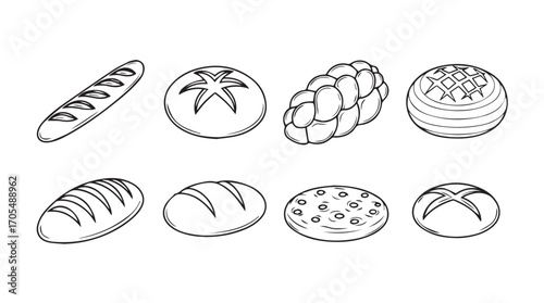 Various types of bread and baked goods illustrated in a minimalist silhouette style