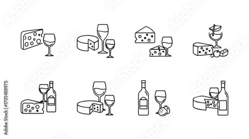 Collection of hand drawn cheese and wine pairings in a simple silhouette style