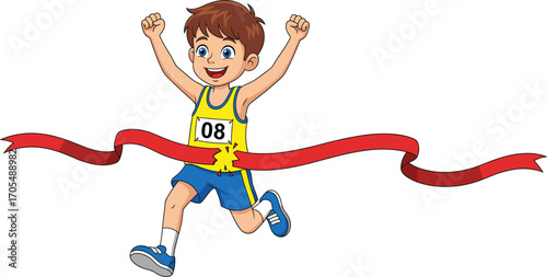 Cartoon boy crossing red finish ribbon with raised arms, smiling winner in race, athletic outfit, sports celebration, success moment vector