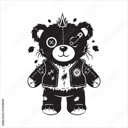 Vector art of punk teddy bear with safety pin, vector illustration