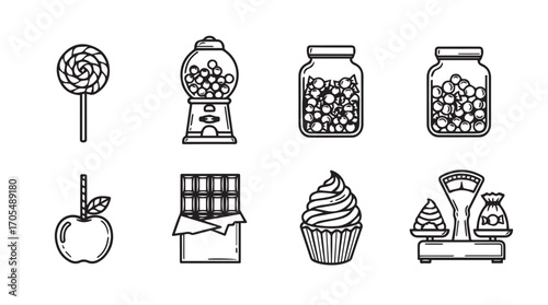 Collection of sweet treats and candies in a simple silhouette style