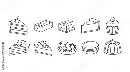 Collection of desserts and cakes in a simple line drawing silhouette style